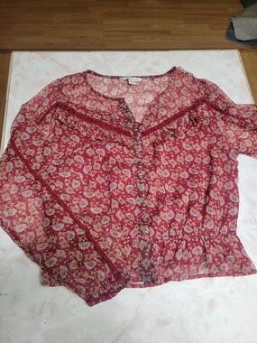 American Eagle Boho Floral Peplum Top Lace Trim Long Sleeve Size Medium Pesaent